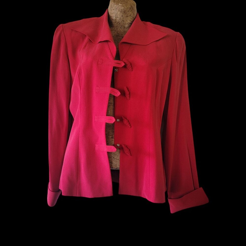 Vtg Silk Red Long-Sleeve Blazer With Knot Button Closures & Wide Collar